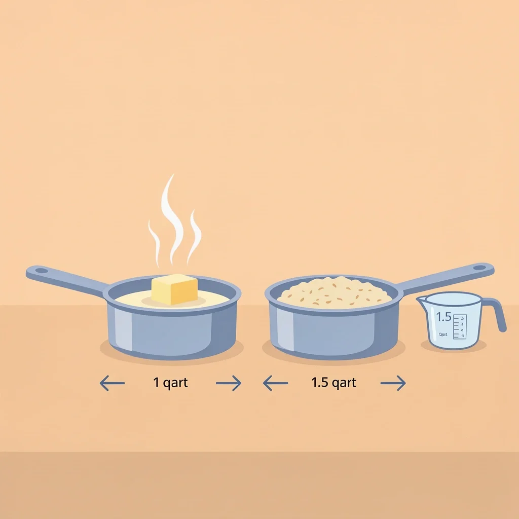 Illustration comparing a 1 quart and 1.5 quart saucepan with butter and oatmeal