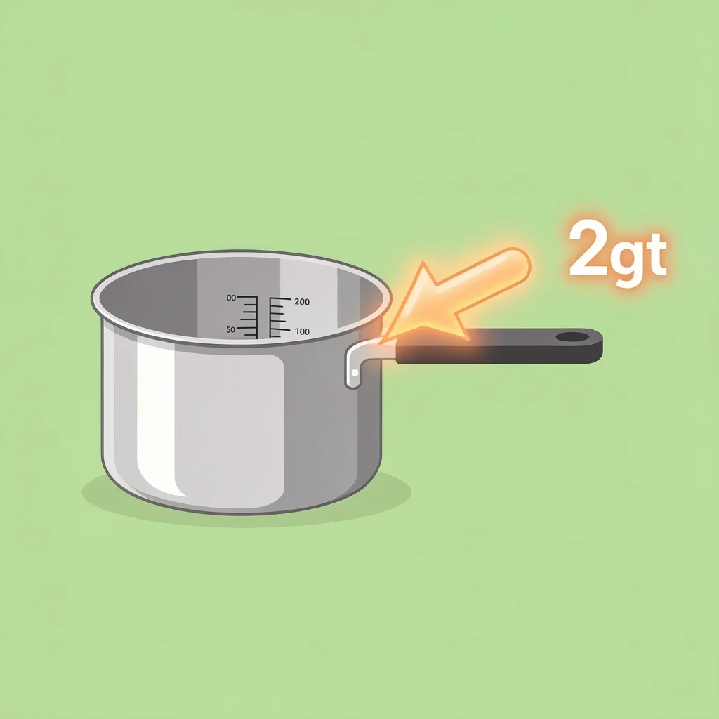 Flat minimalist vector illustration of a silver 2-quart saucepan on a green background, with two stacked circles indicating its size.