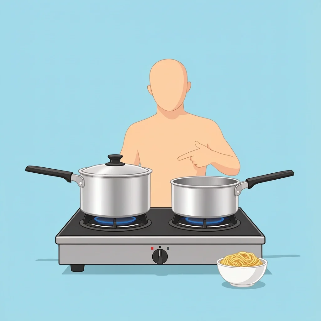 Saucepan Size Choice for Small Households Comparison of 2-quart and 3-quart saucepans on stovetop with a bowl of pasta and a pointing person