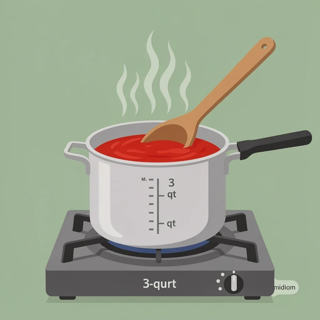 Illustration of a 3-quart saucepan with tomato sauce simmering, labeled as medium size