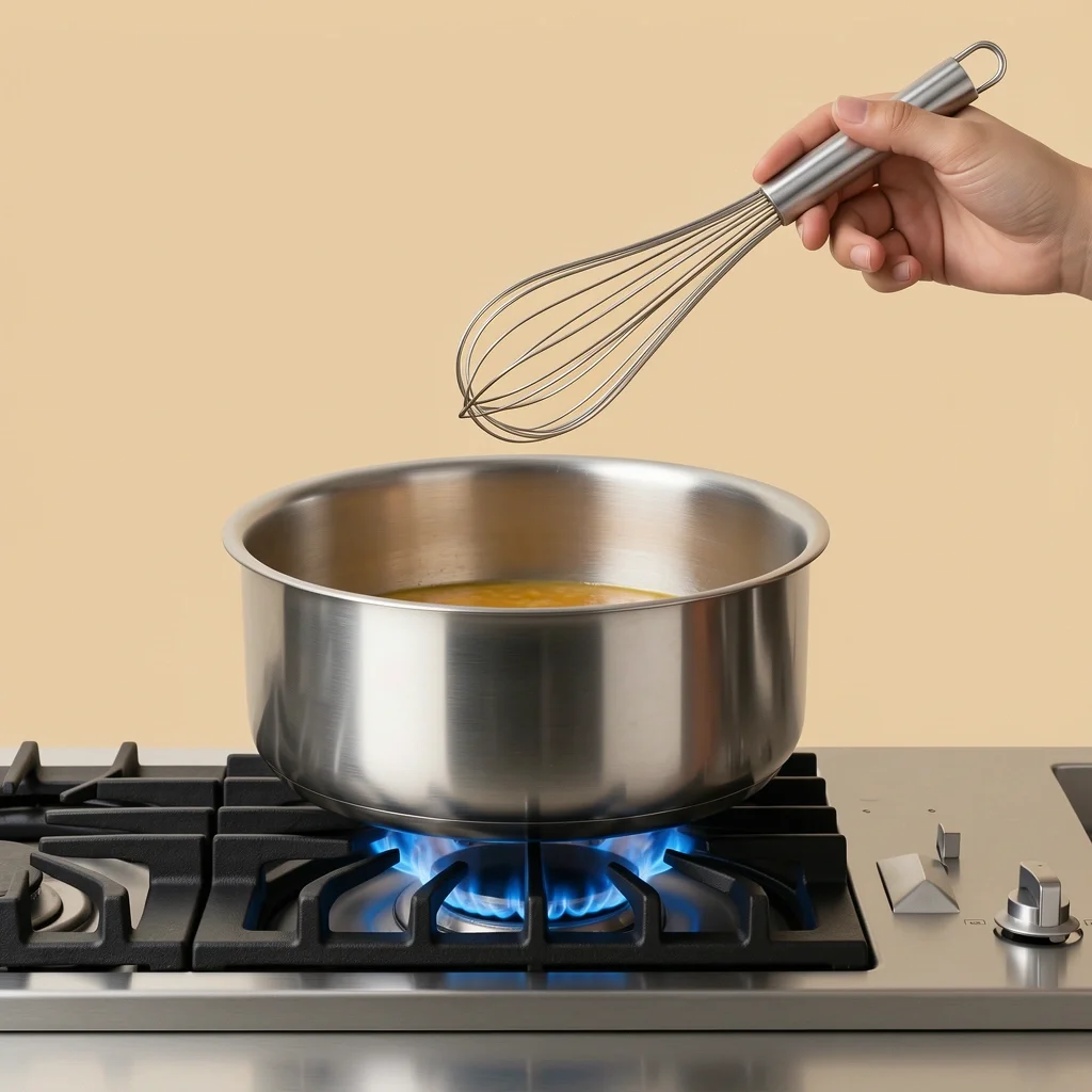3-Quart Saucepan Versatility 3-quart saucepan on a gas stove with a whisk hovering above, illustrating the versatile size for daily cooking