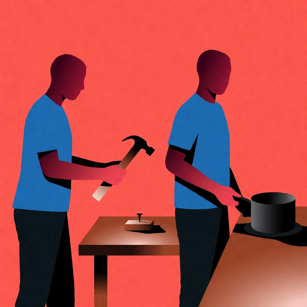 Two scenes comparing an active hammer swing and a passive saucepan placement.
