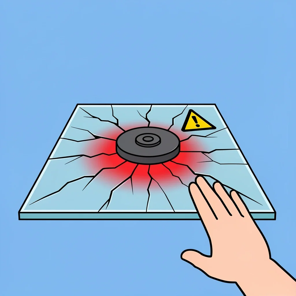 Damaged induction hob with cracked glass surface and hot spot under an adapter disc