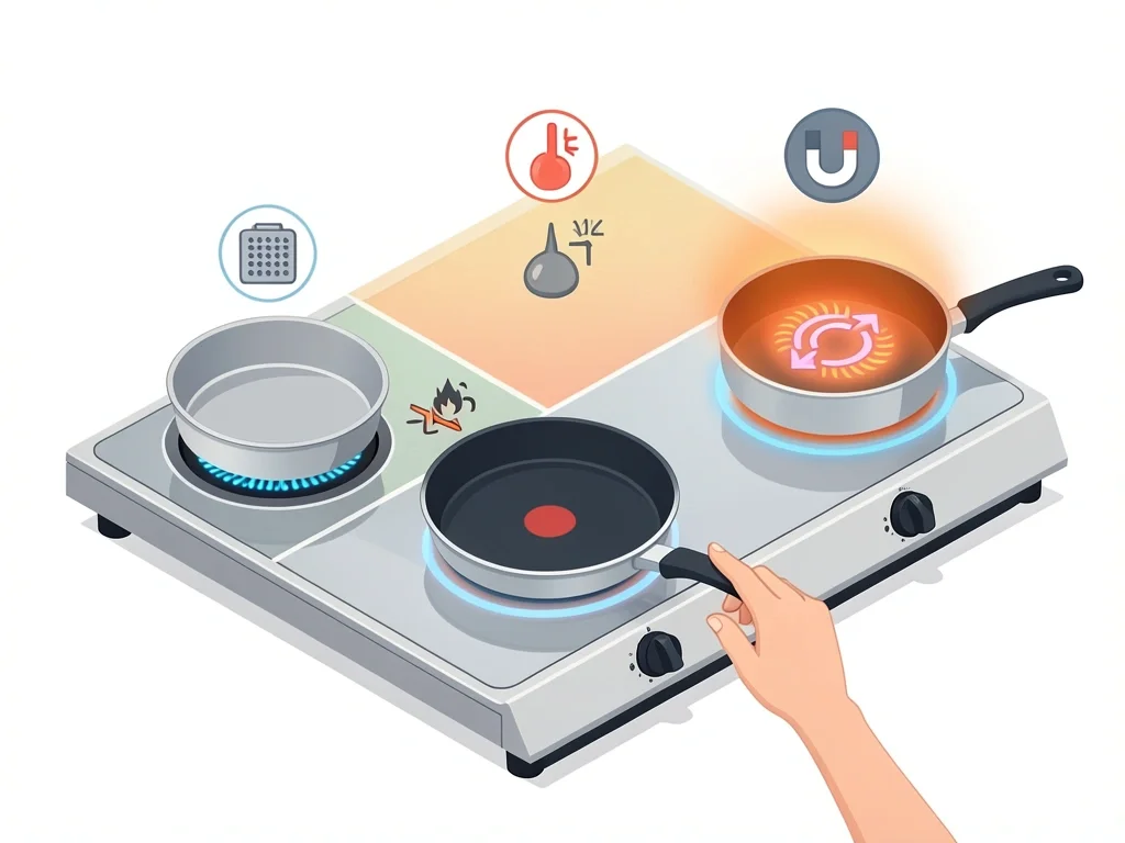 Saucepan types and adjustments for rice Isometric view of three saucepans on stove: thin-bottom with diffuser, non-stick with low heat icon, induction pan with magnet symbol