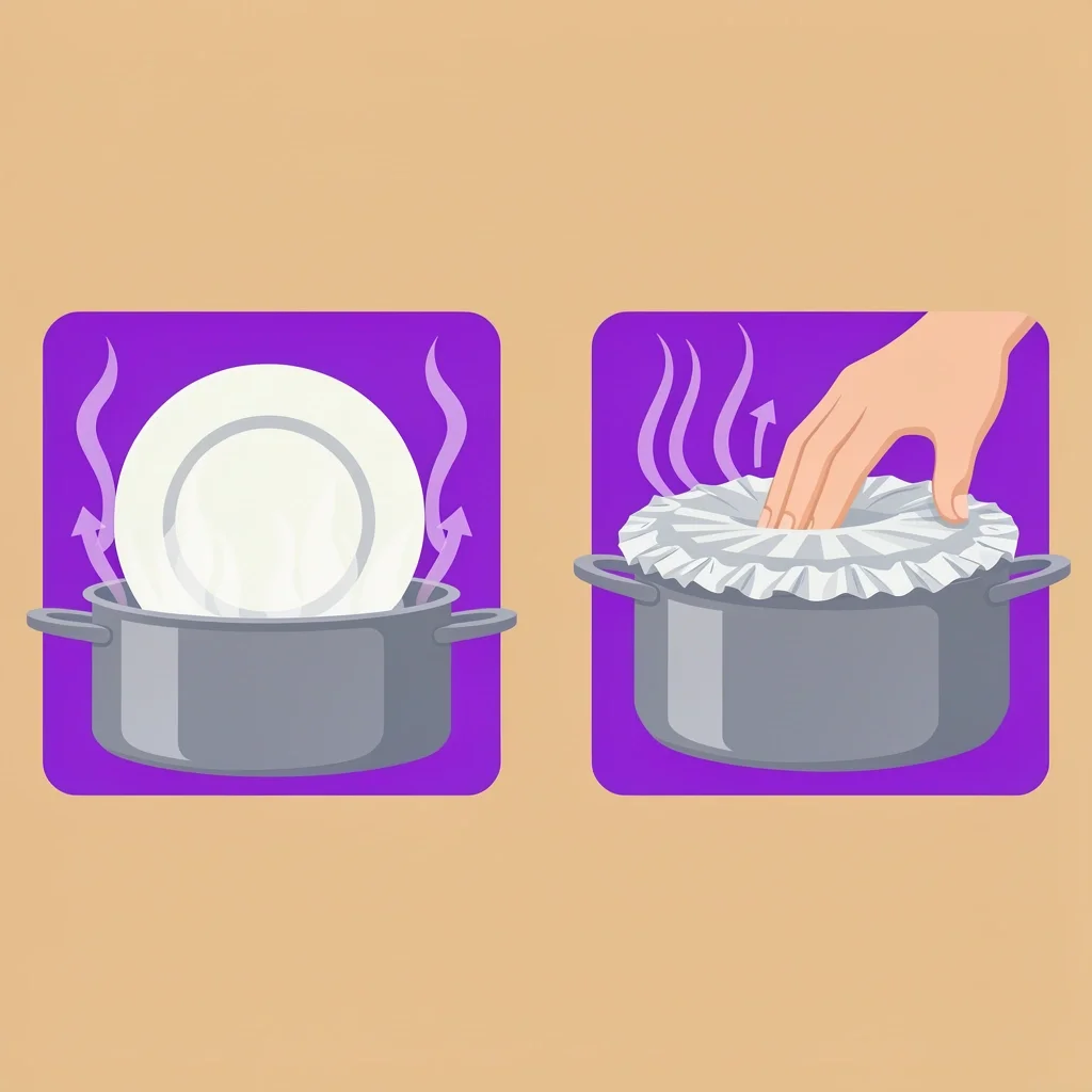 Illustration showing two temporary lid solutions: an upside-down plate on a saucepan and aluminum foil crimped around the rim, both with steam rising