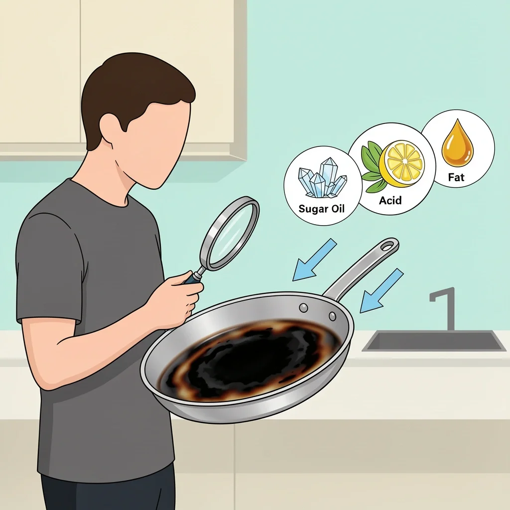 Person assessing burnt sauce residue on a pan with magnifying glass and sauce type icons
