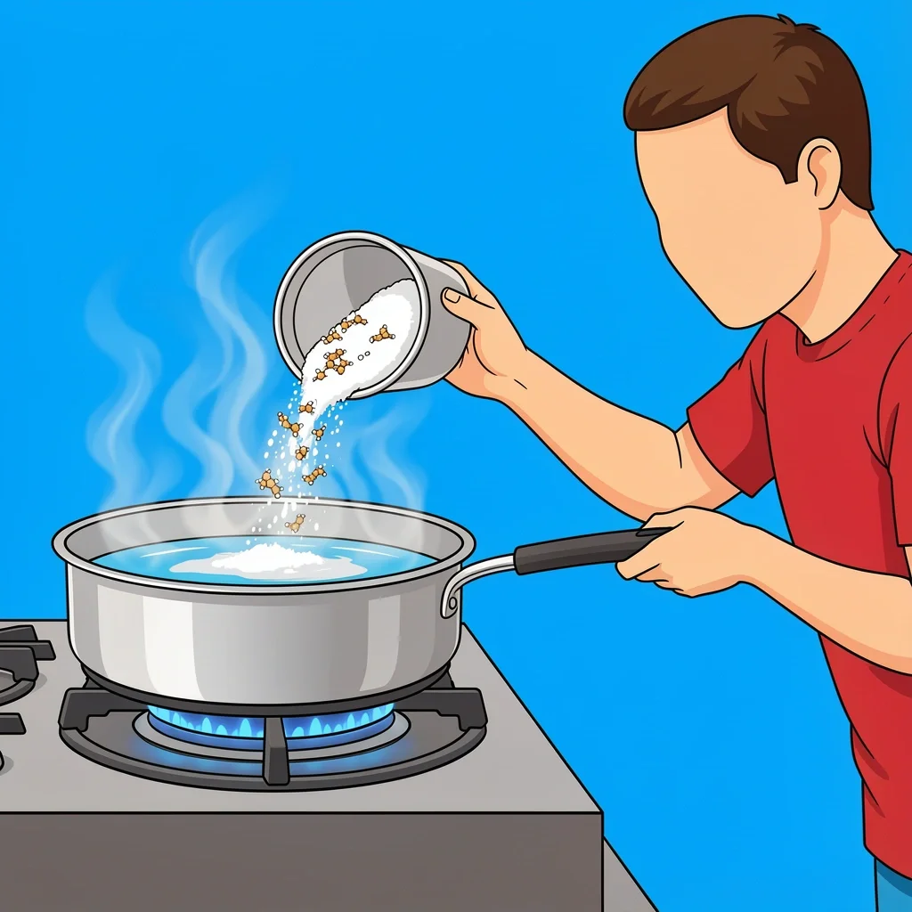 Person adding baking soda to boiling water in a pan to remove caramelized sugar sauce