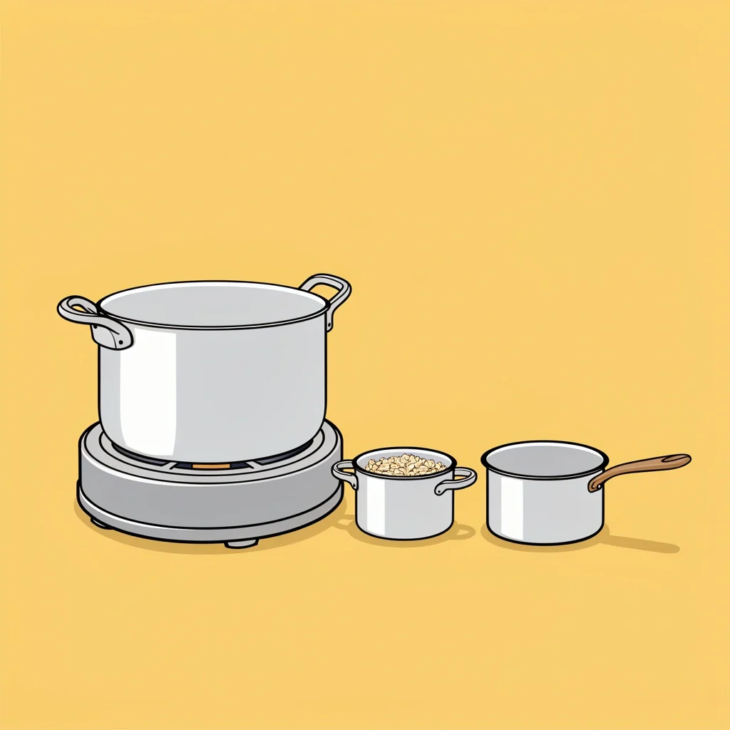 Myth of Bigger Saucepan Large saucepan with tiny oatmeal portion next to two smaller pans, with a shrugging person illustrating the myth of bigger being better
