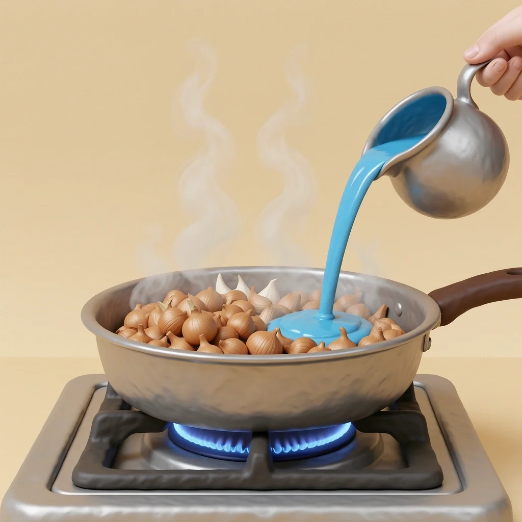 3D claymorphism illustration of a saucepan on a stovetop with browning onions and garlic, and blue liquid poured in for deglazing.