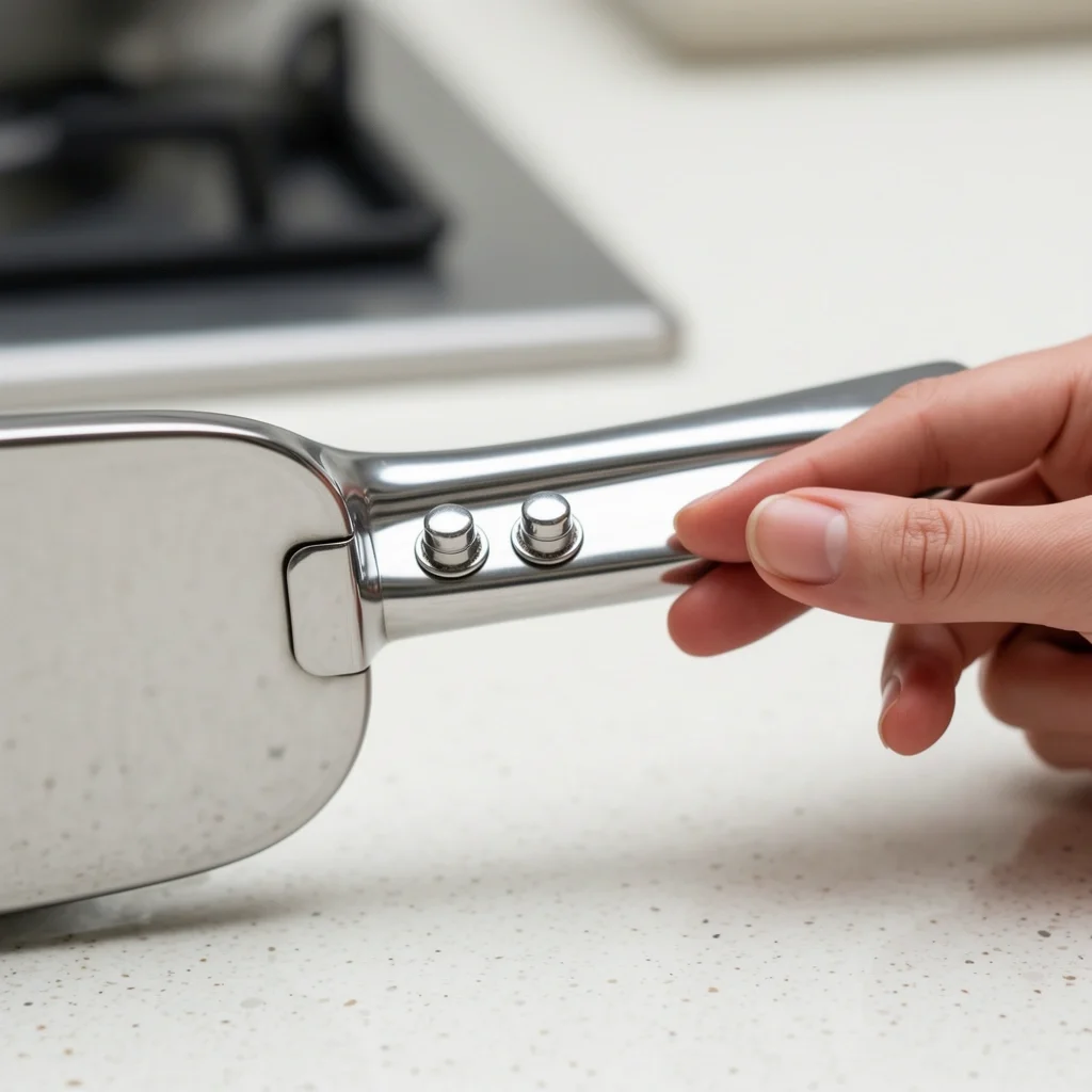 Inspecting Saucepan Handle Attachment Close-up of a saucepan handle with rivets and a hand pointing to the attachment