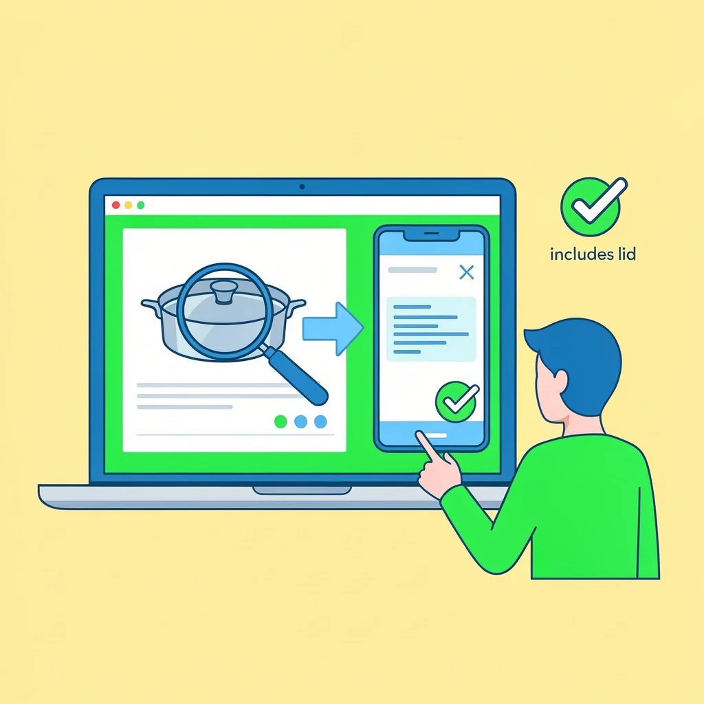 Illustration of a laptop and smartphone showing steps to verify if a saucepan includes a lid, with a magnifying glass and checkmark icon
