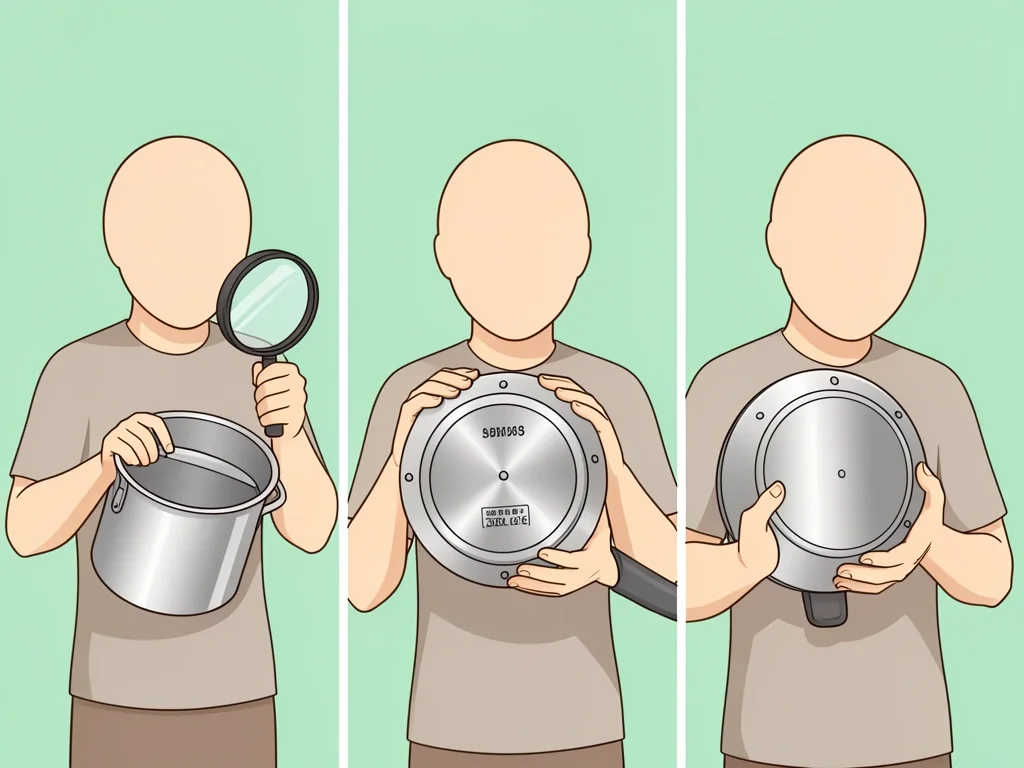 Person inspecting a stainless steel pot handle, bottom, and rivets to determine oven safety