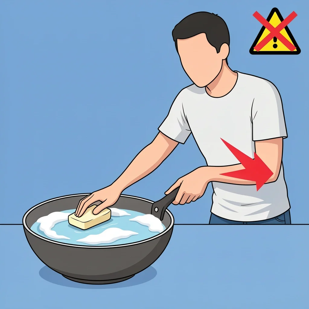 Person safely cleaning a non-stick pan with a soft sponge and warm soapy water