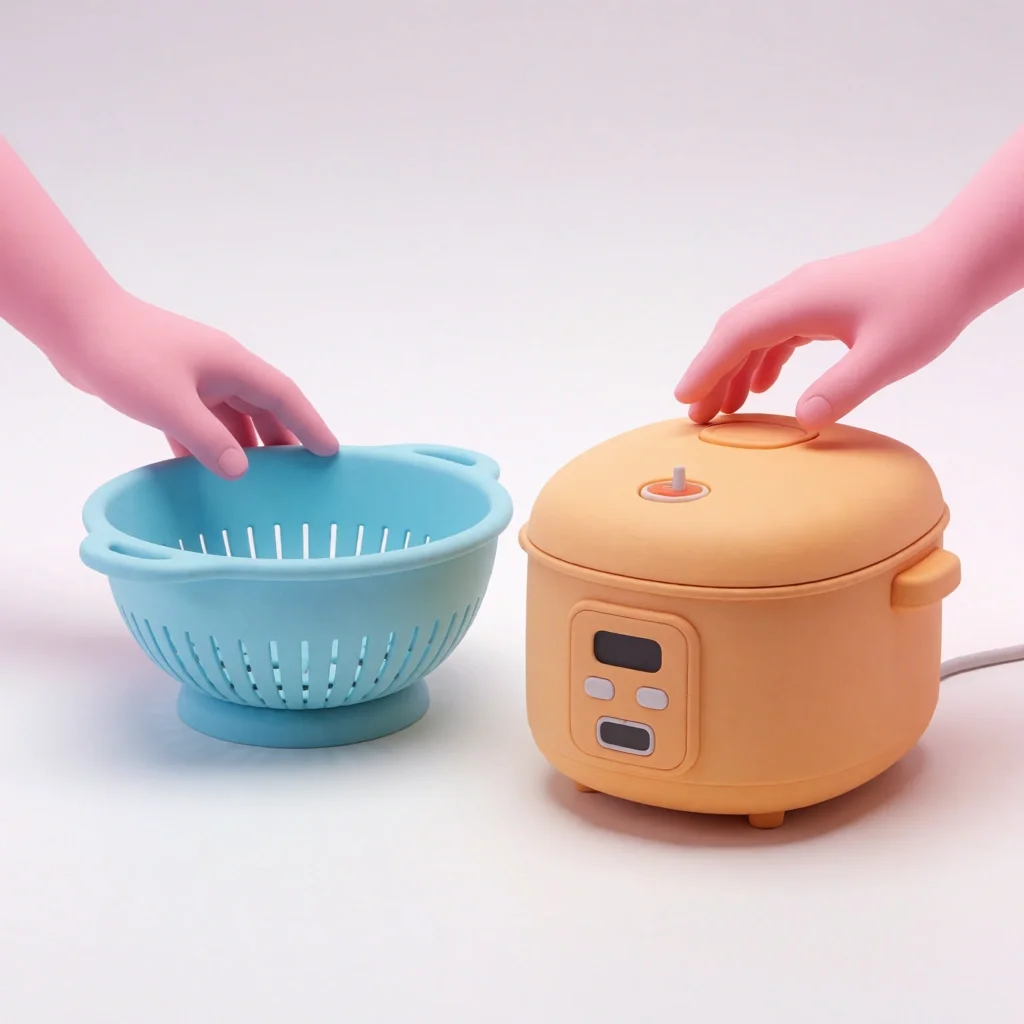 3D clay style colander and rice cooker on a countertop with hands interacting.