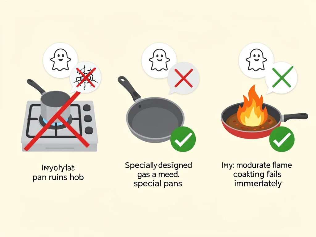 Debunking Induction Cookware Gas Stove Myths Three-panel flat illustration debunking myths: pan won't ruin hob, no special pans needed, and non-stick coatings can last with proper flame size.