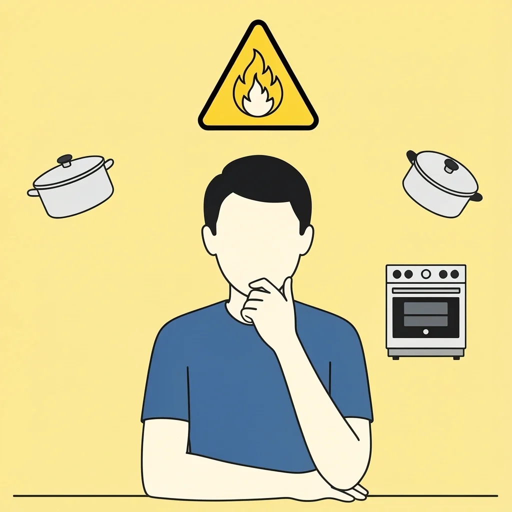 Flat vector illustration of a person thinking in a kitchen with four mistake icons: flame, lid, tilted pot, and oven on a yellow background.