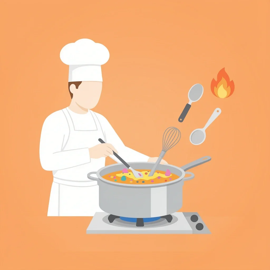 Flat vector illustration of a faceless chef stirring a saucepan on a stovetop, with floating whisk and spoon icons on an orange background.
