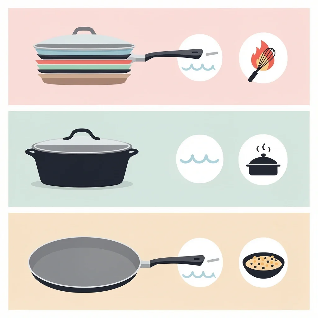 Four cross-section saucepan profiles showing tri-ply, disc-bottom, enameled cast iron, and nonstick materials with use-case icons