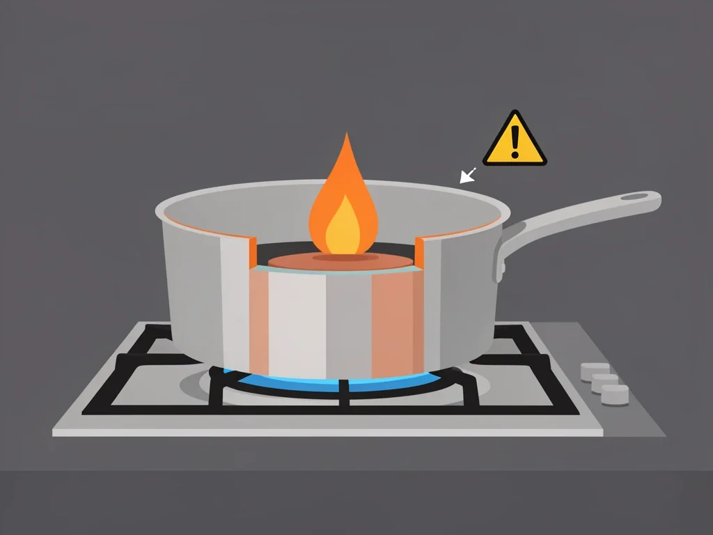 Copper Core Induction Saucepan on Gas Precautions Cross-section flat illustration of a copper-core induction saucepan on a gas hob showing layer delamination risk from uneven heat, with a warning symbol.