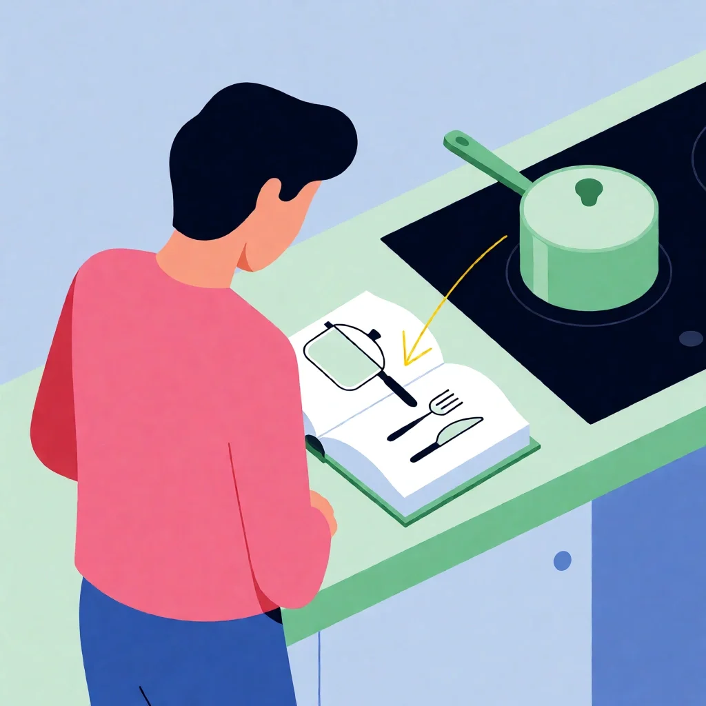 Person looking at a dictionary definition comparing kitchen tools and a saucepan.