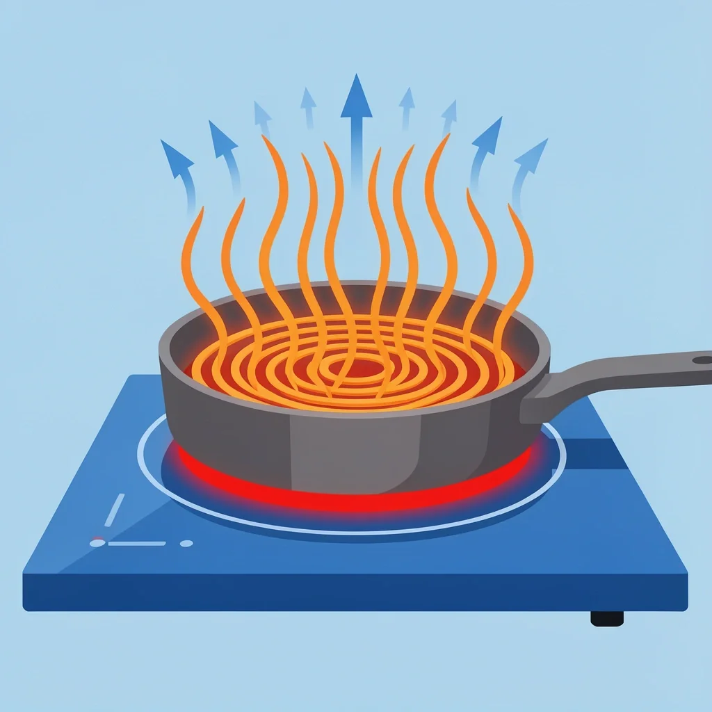 Cross-section diagram of induction hob showing copper coil and eddy currents heating a ferromagnetic pan