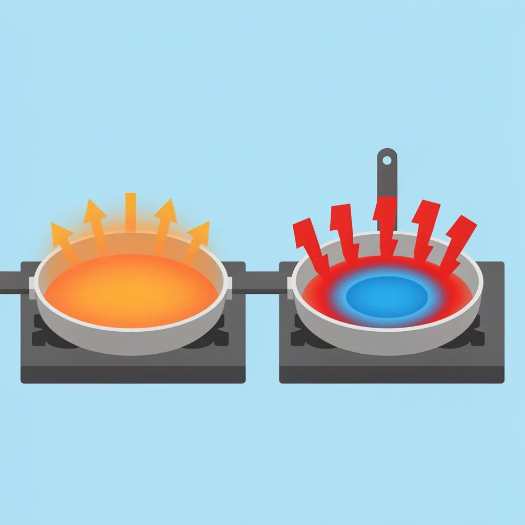 Saucepan Heat Distribution Comparison Comparison of a saucepan with even heat distribution and one with hot spots, illustrating good vs bad saucepan performance