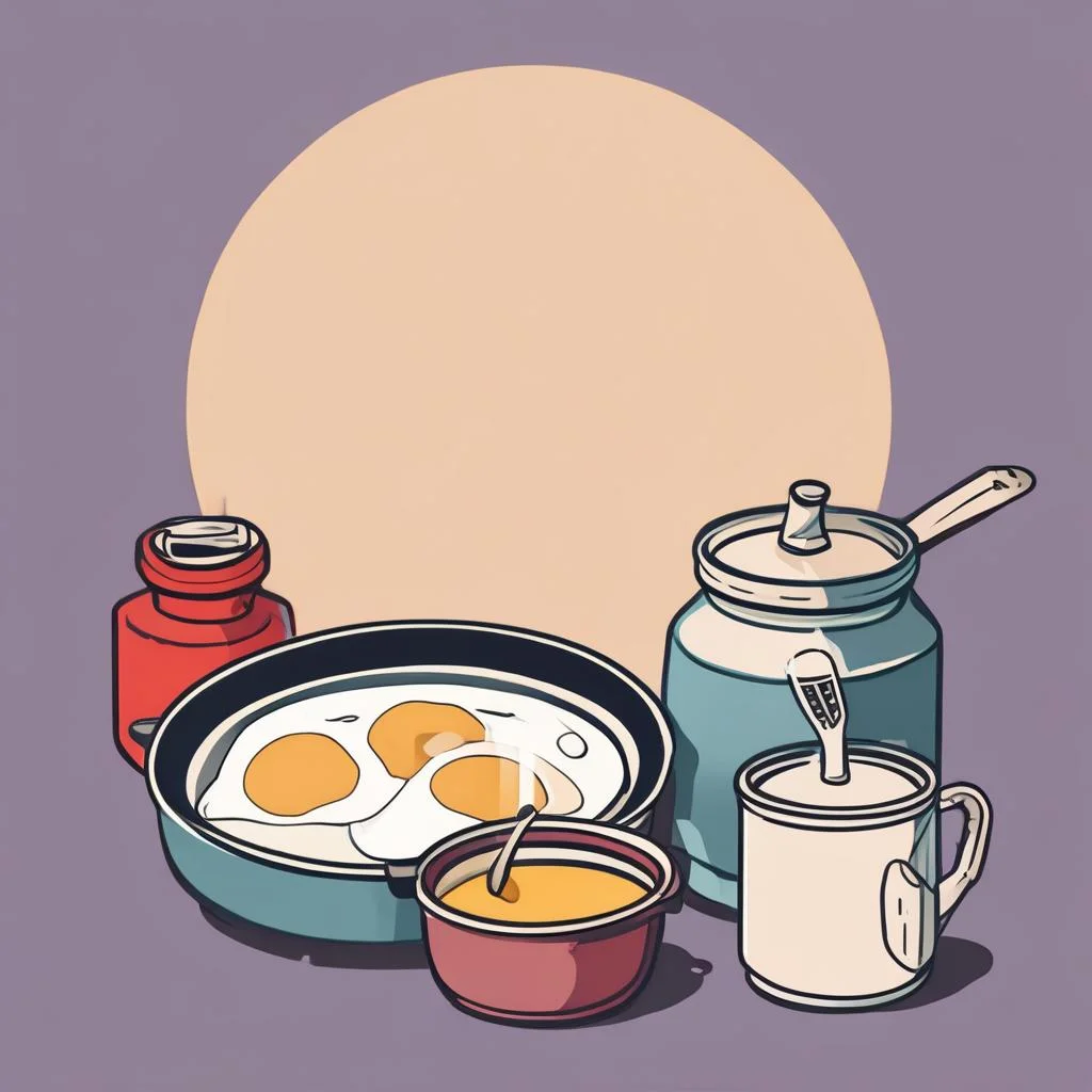 Three scenes: frying egg in non-stick pan, crossed-out small saucepan, and straining oil into jar.