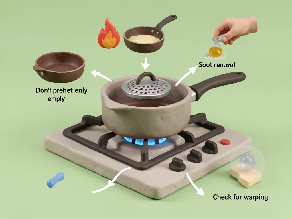 Gas Cooking Best Practices for Induction Saucepan 3D claymorphism illustration showing five best practices for using an induction saucepan on gas: small flame, add oil, use diffuser, clean soot, check for warping.