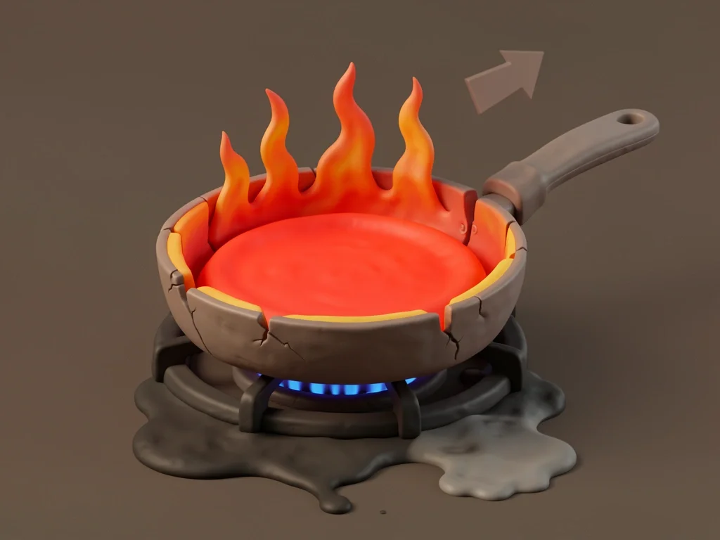 Uneven Gas Heat Stress on Induction Saucepan 3D claymorphism cross-section of an induction saucepan on a gas burner showing uneven heat distribution, warping at the edges, and a loose handle.