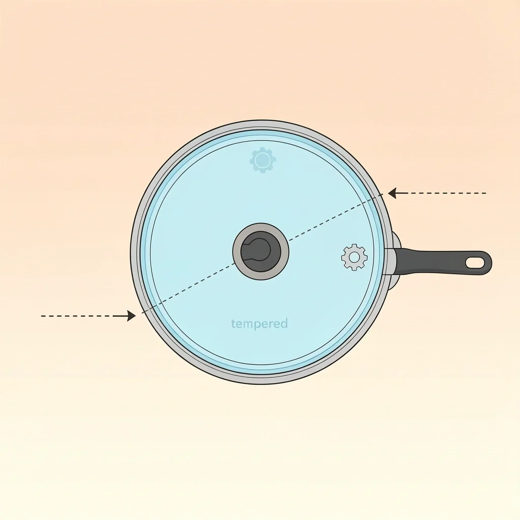 Annotated diagram showing glass, metal rim, and handle as key components determining oven safety of a glass saucepan lid.
