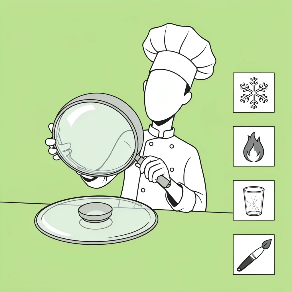 Chef inspecting a glass lid with magnifying glass, surrounded by icons representing different glass types.