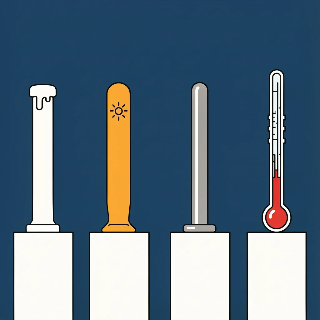 Comparison of four handle types with heat tolerance symbols: plastic, silicone, solid metal, and metal with plastic core.