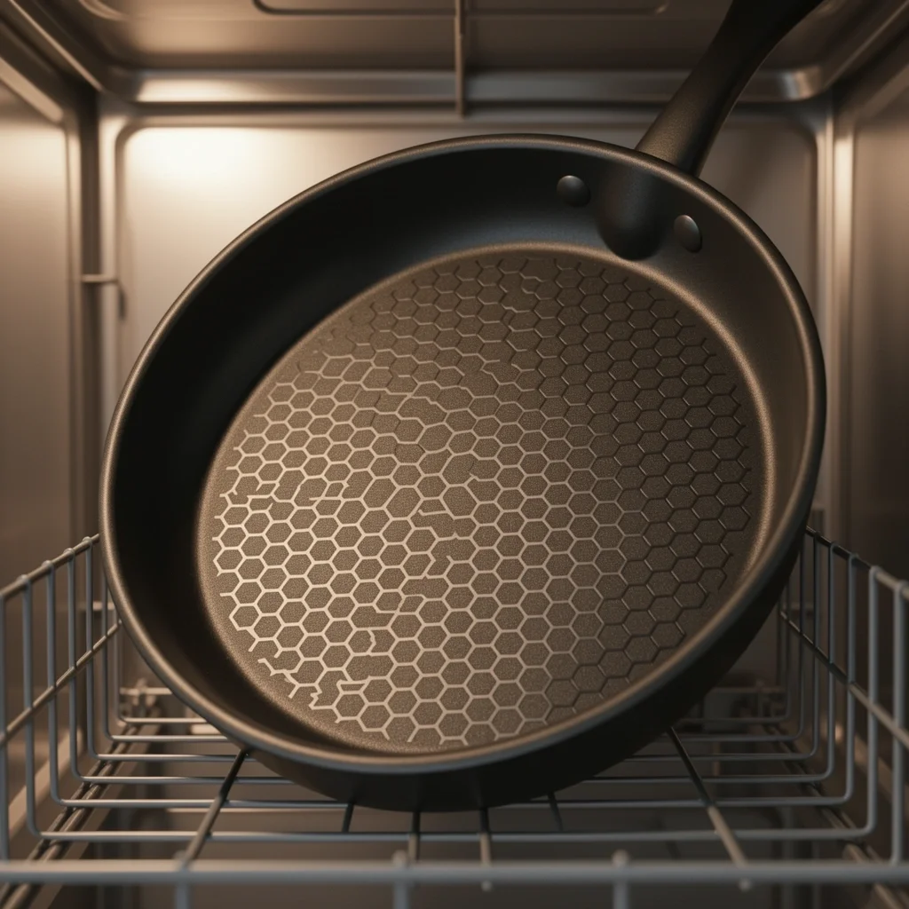 HexClad Pan in Dishwasher Hexagonal patterned pan placed in a dishwasher rack
