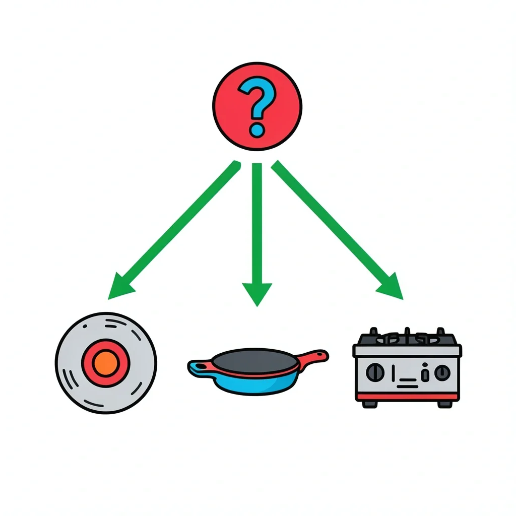 Decision flowchart for choosing between adapter disc, new pans, or all-metal hob upgrade