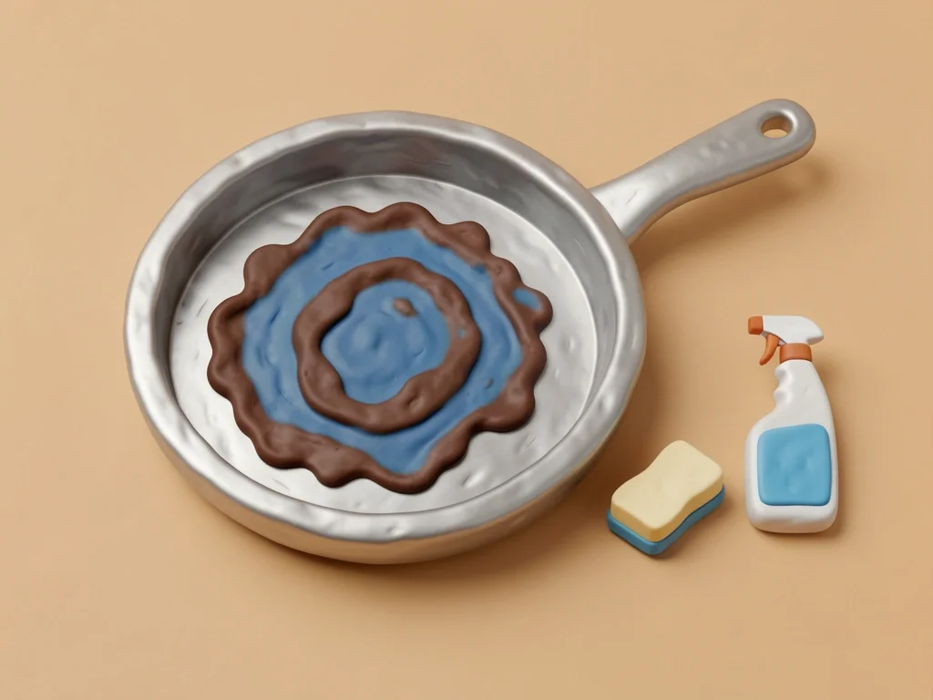 Heat Discoloration on Induction Saucepan Bottom 3D claymorphism close-up of a stainless steel saucepan bottom with blue and brown heat discoloration, alongside a cleaning sponge and bottle icon.