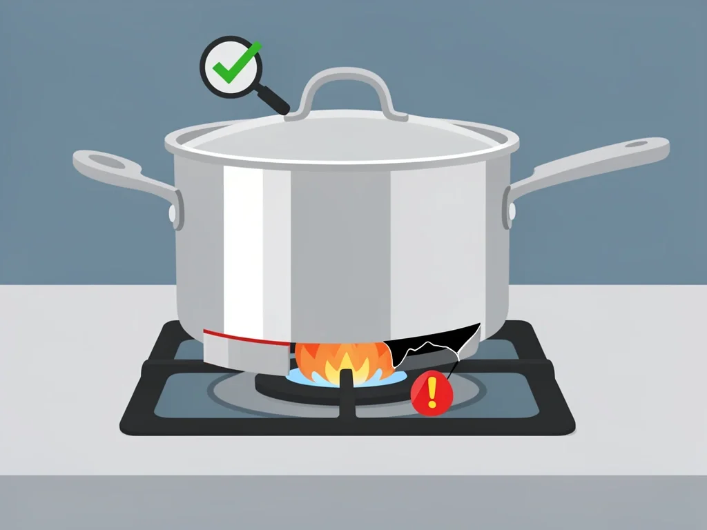 Induction Saucepan Gas Compatibility Safe vs Unsafe Base Cross-section illustration of an induction saucepan on a gas stove showing safe thick metal base and unsafe thin coated base with warning symbols.