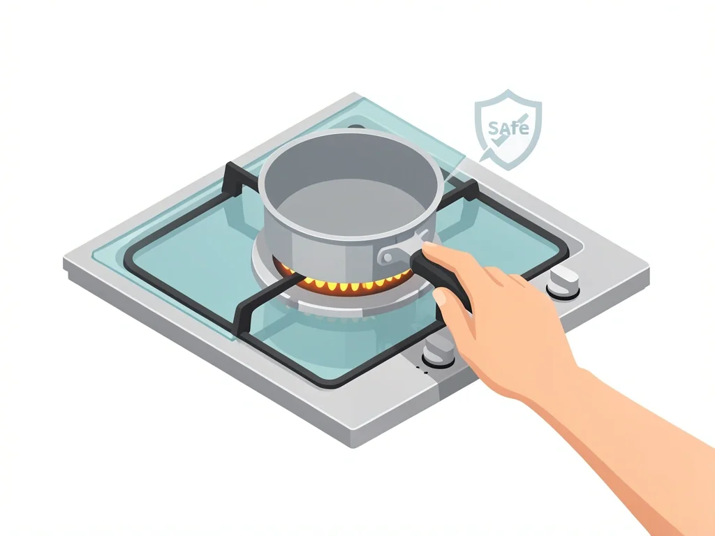 Induction Saucepan on Gas Hob with Glass Top Safety Isometric illustration of a gas hob with a glass top and an induction saucepan on metal grates, showing a hand sliding the pan safely with a protective shield icon.