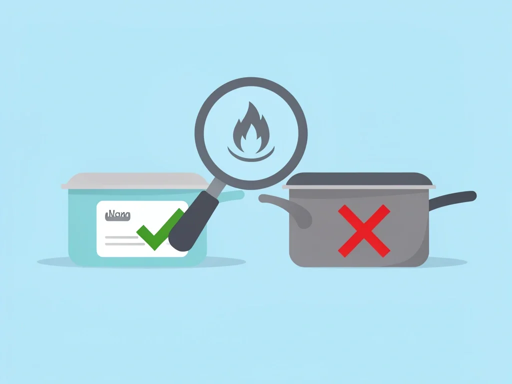 Induction Pan Gas Use Warranty Considerations Flat illustration of a warranty card with a saucepan: thick base gets a green checkmark (warranty safe), thin base gets a red X (void risk).