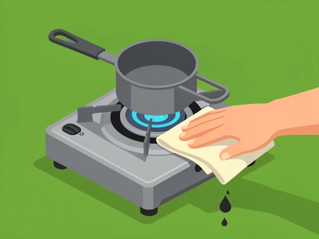 Induction Saucepan on Portable Gas Camping Stove Isometric illustration of a portable gas camping stove with an induction saucepan, showing a small flame and a hand cleaning soot from the bottom.