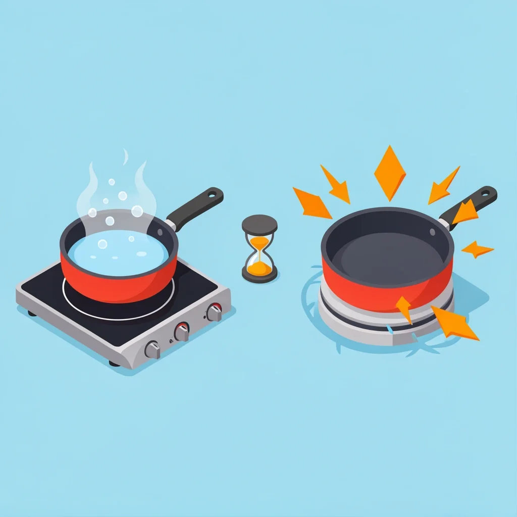 Comparison of boiling water speed: direct induction vs adapter disc showing slower heating and heat loss
