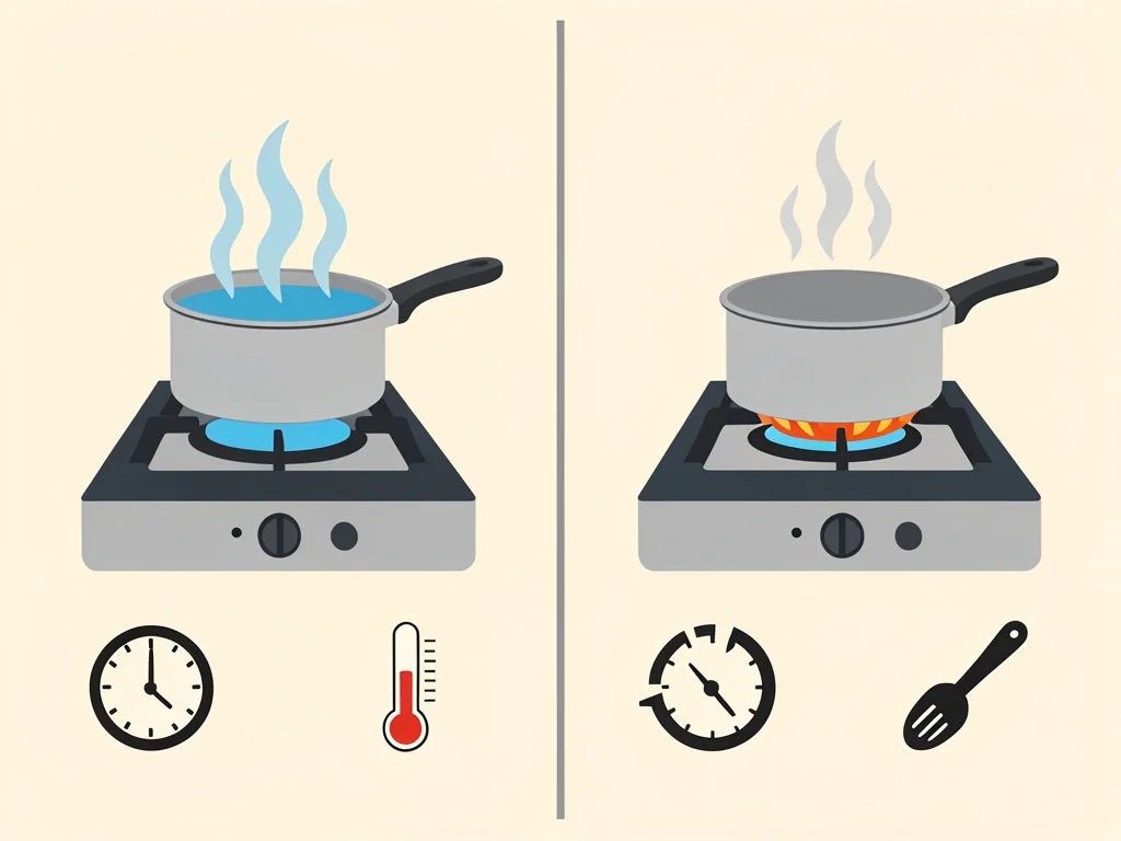 Induction vs Gas Hob Cooking Performance Comparison Split-screen flat illustration comparing an induction hob (boiling fast, even heat) with a gas hob (simmering gently, requiring more attention).