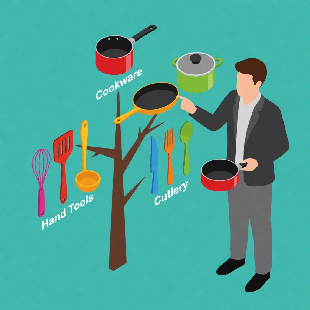 Isometric tree diagram of kitchen utensil categories with cookware, hand tools, and cutlery.