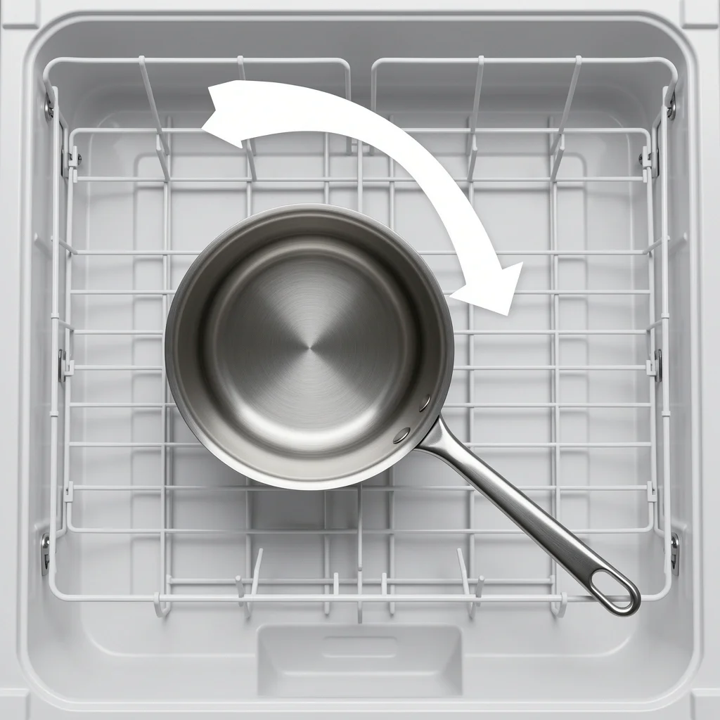 Proper Saucepan Loading in Dishwasher Tilted saucepan on dishwasher top rack to prevent water pooling