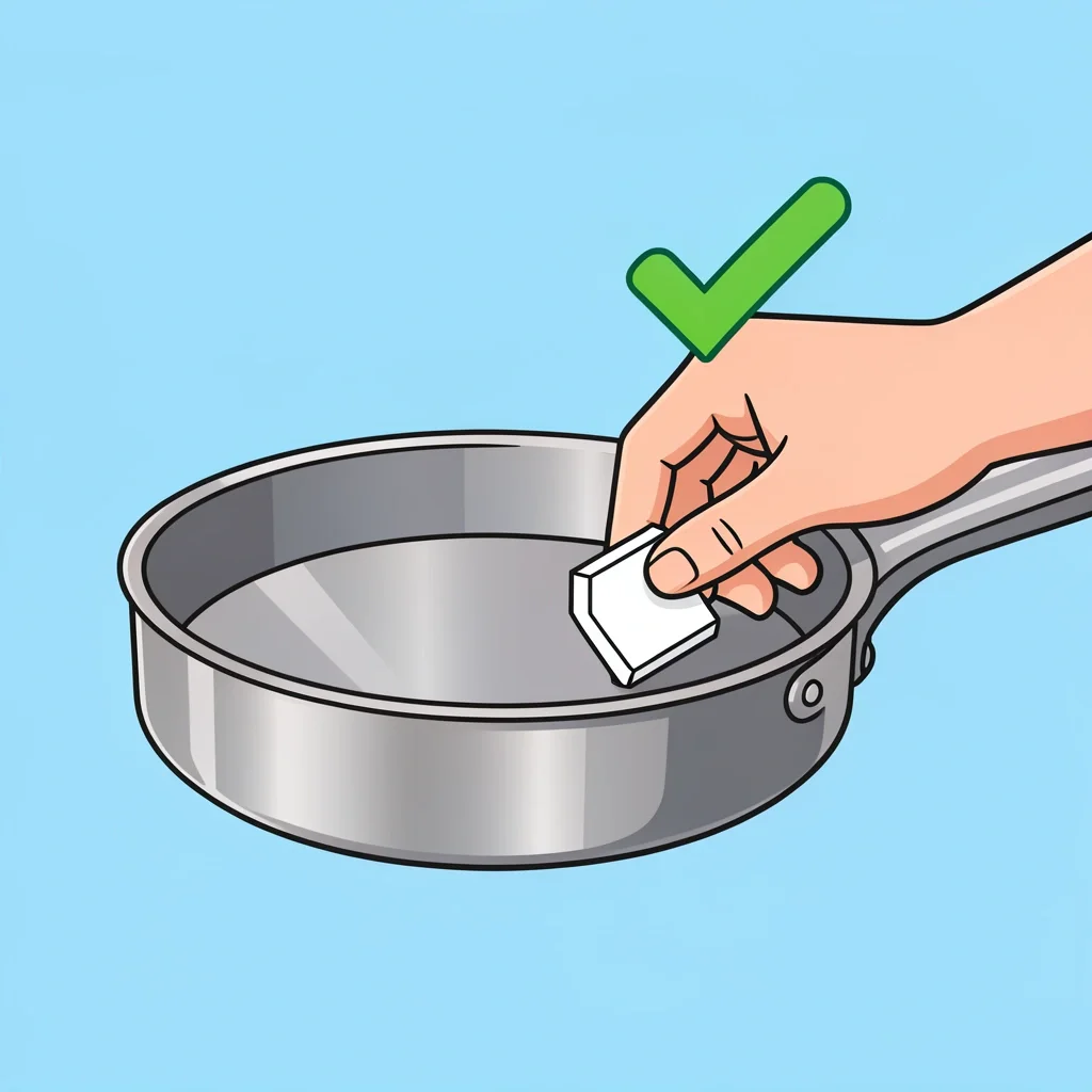 Hand holding a magnet to the bottom of a stainless steel pan, magnet sticks, indicating compatibility