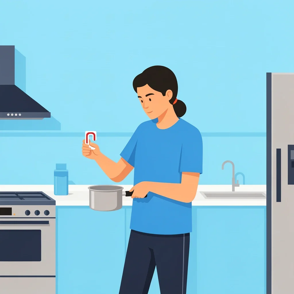 Magnet Test for Saucepan Recycling Person using a magnet to test if a saucepan is made of ferrous metal for recycling