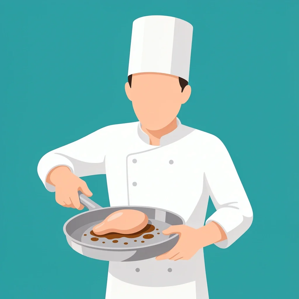Flat vector illustration of a faceless chef lifting a seared chicken breast from a stainless steel pan with visible fond, teal background.