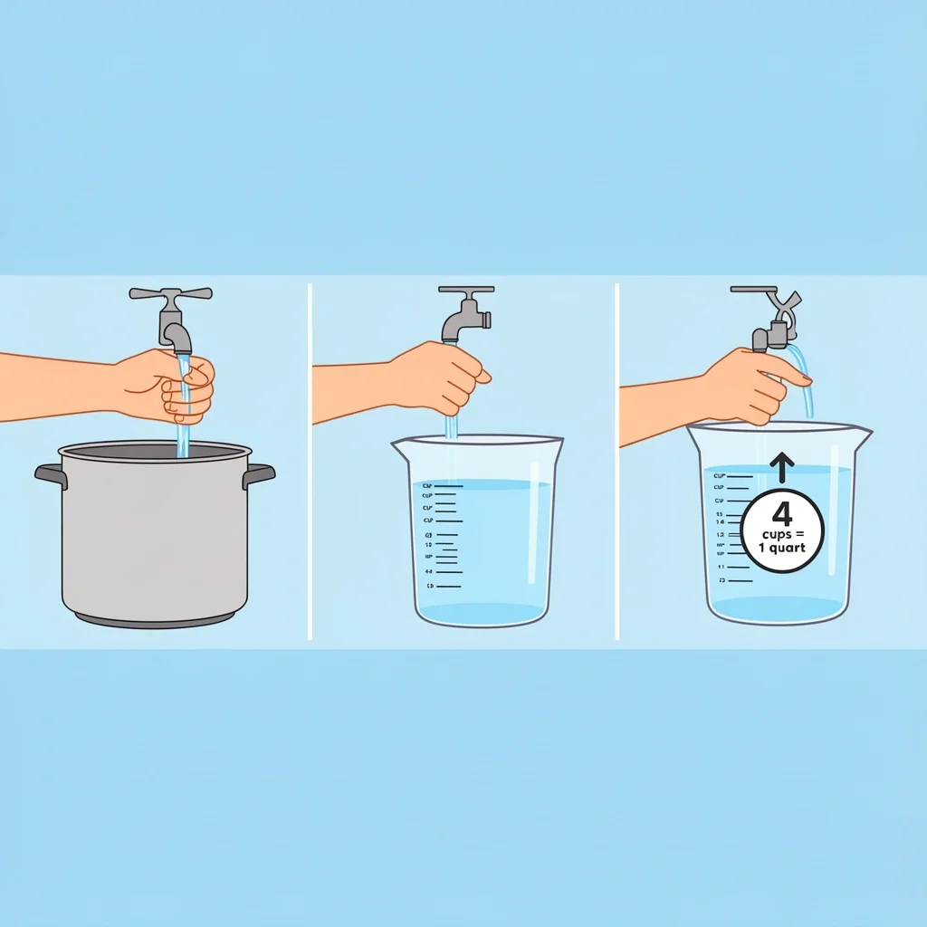 Illustration showing three steps to measure saucepan quart size: fill, pour, and measure