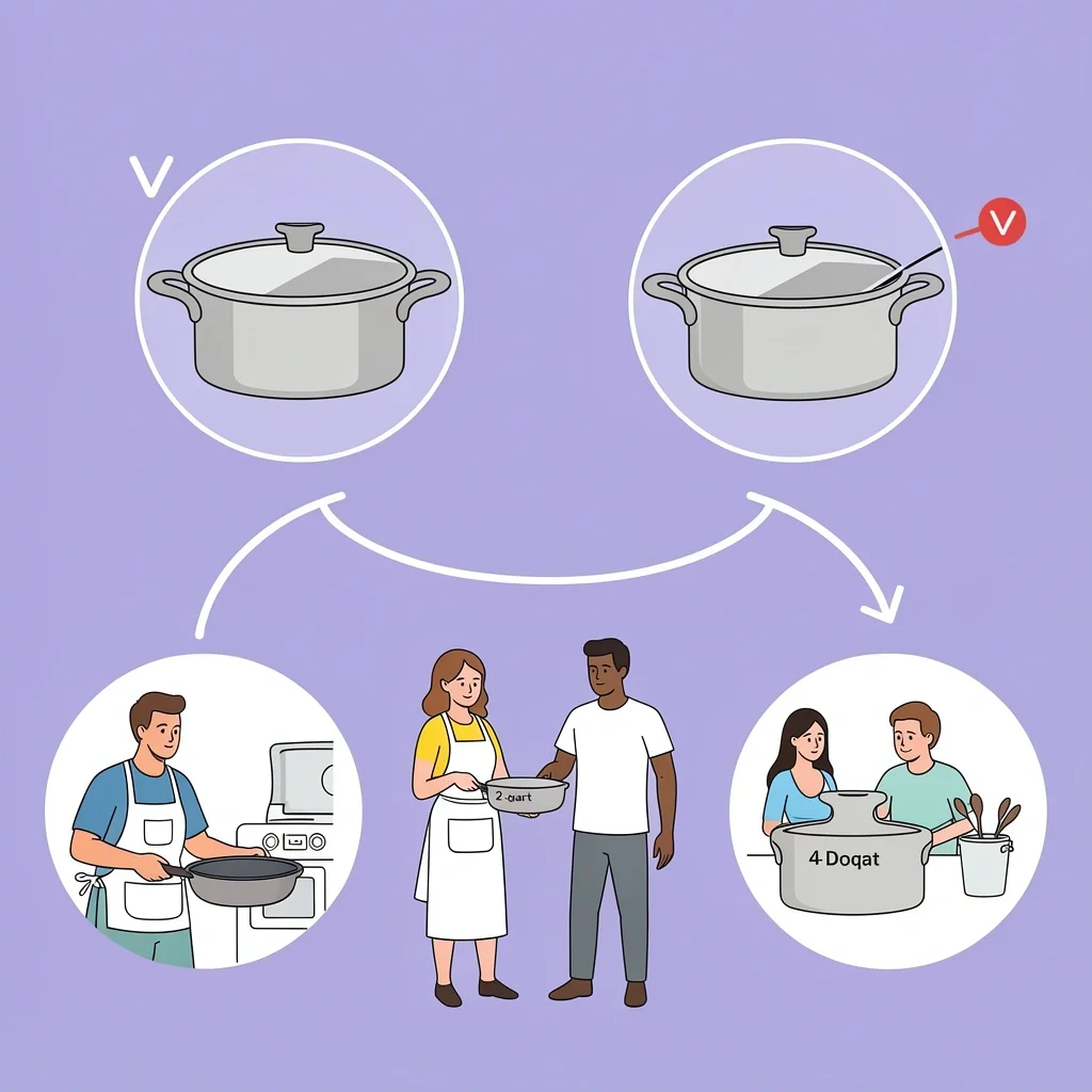 Illustration showing a decision flow for choosing saucepan sizes based on household size