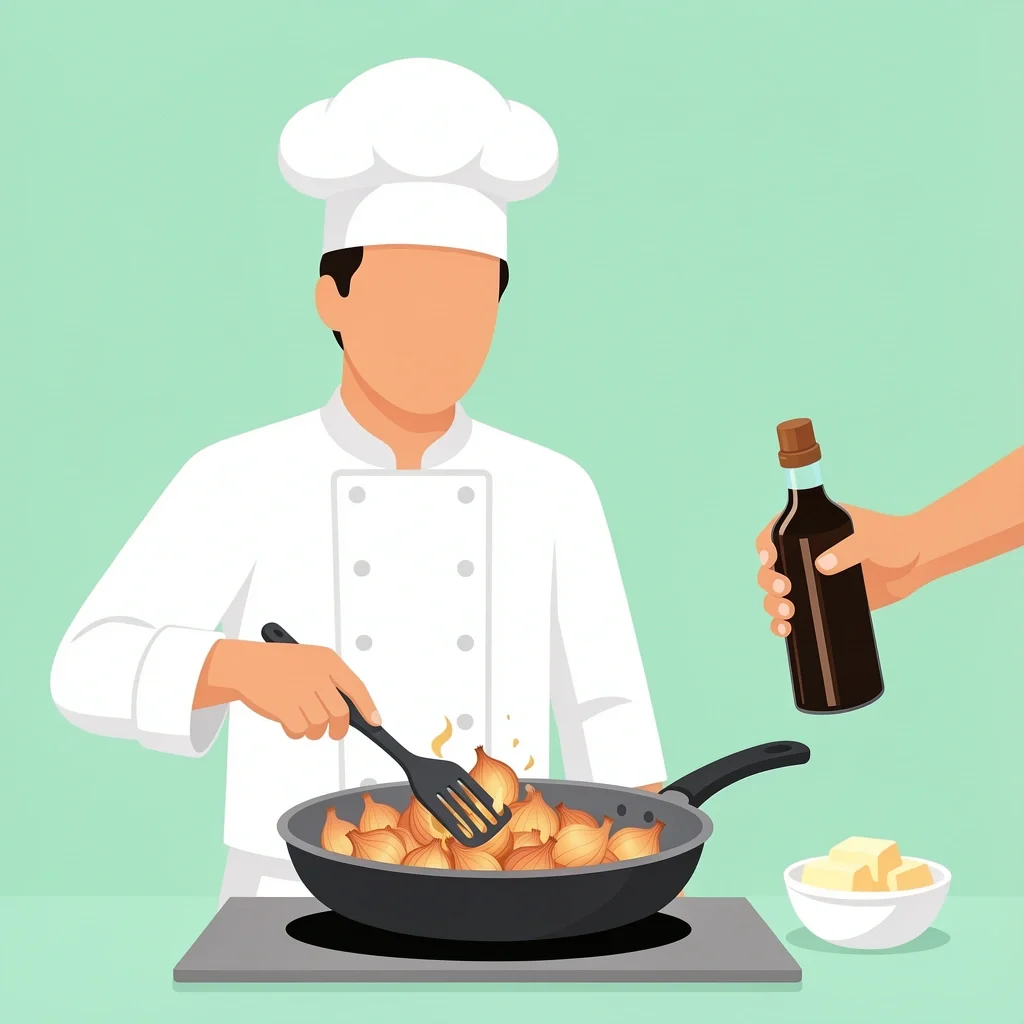 Flat vector illustration of a faceless chef cooking shallots in a non-stick pan with a bottle of balsamic vinegar nearby, green mint background.