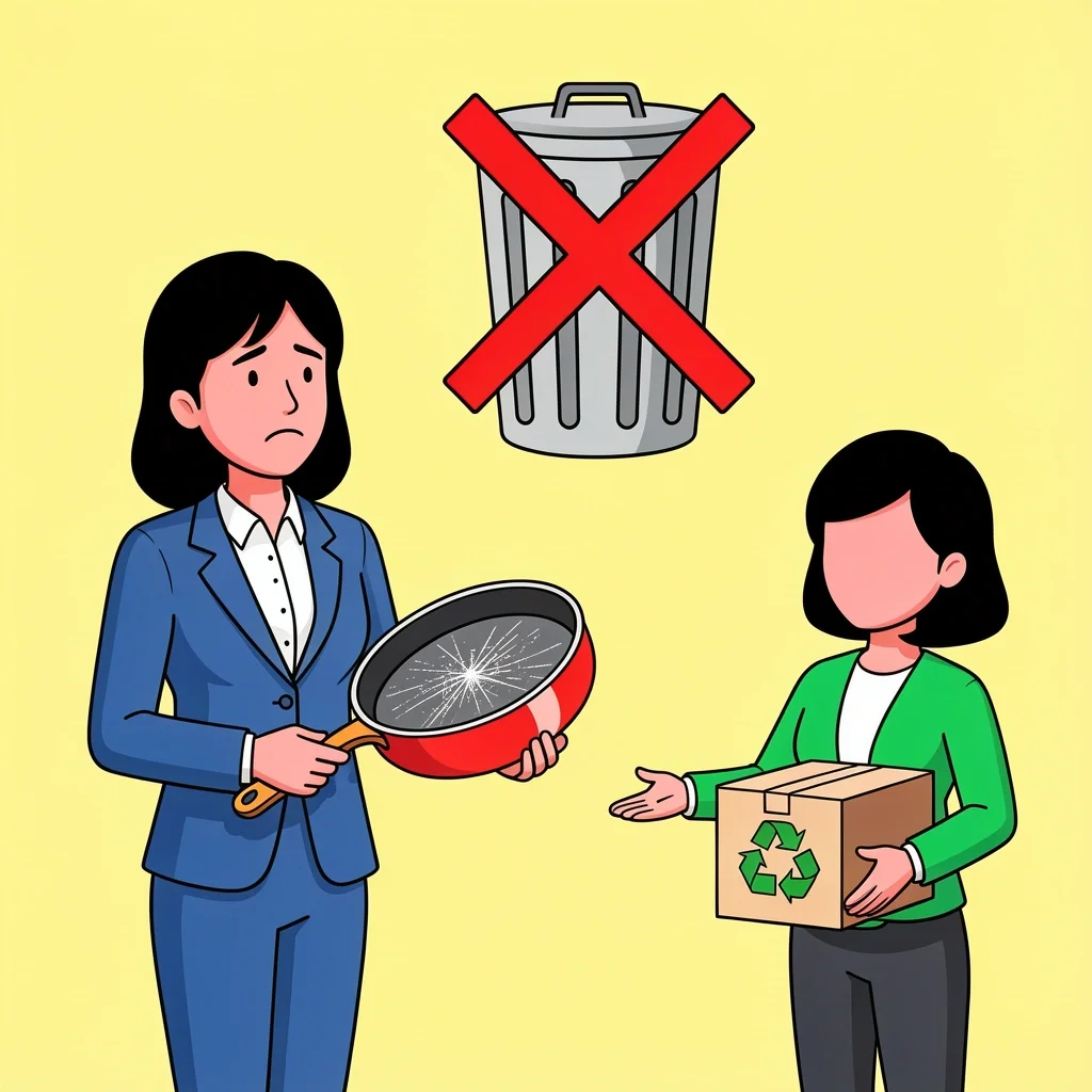 Non-Stick Saucepan Recycling Options Person with a scratched non-stick saucepan offered a recycling solution through a brand take-back program